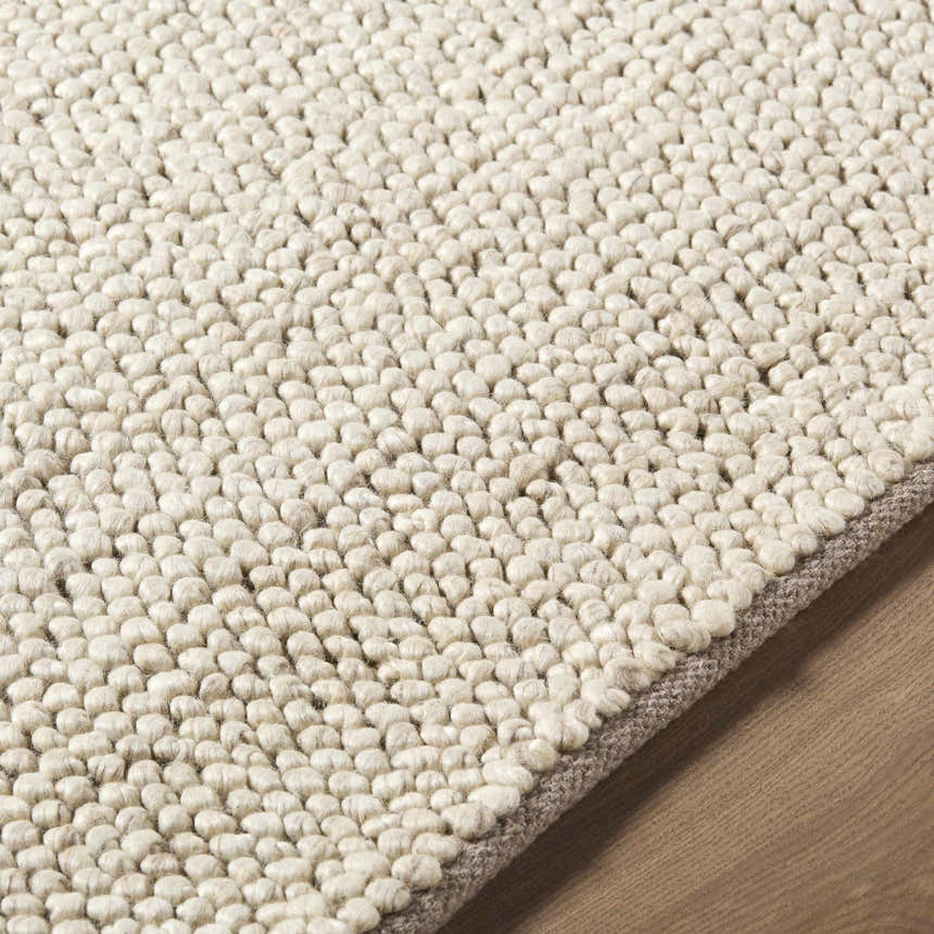 Close up of the hand woven Clayne Dark Beige wool rug showing texture and medium brown border. Texture