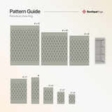 Ramsbury Denim Blue Wool Rug pattern guide with various sizes, geometric design, and denim and ivory colors. Swatch