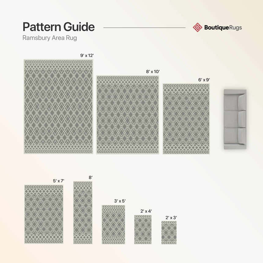 Ramsbury Denim Blue Wool Rug pattern guide with various sizes, geometric design, and denim and ivory colors. Swatch