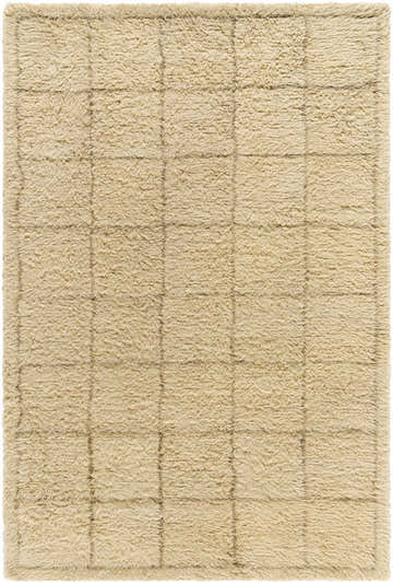 Close-up of the Alodie Grid Wool Rug. Farmhouse style rug in pearl and tan with a hand-tufted grid pattern. Design-Rectangle-576