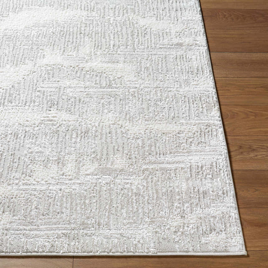 Close-up of the cream and light gray Annisa Area Rug with a subtle geometric pattern on a wood floor. Front