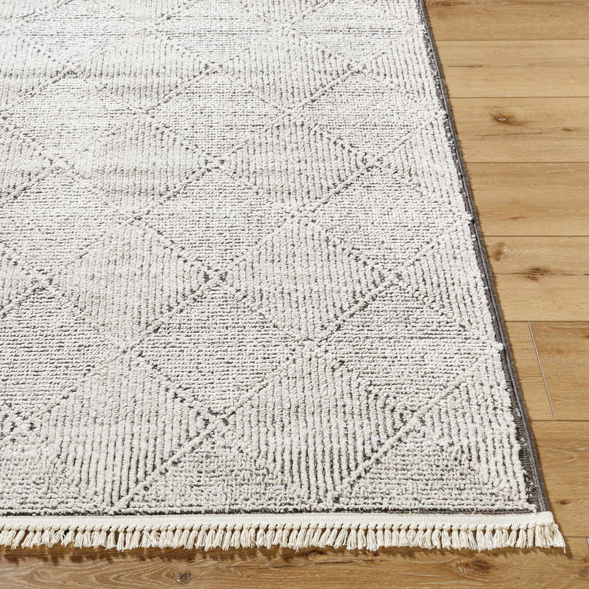 Close-up of Cannan Area Rug in black and ivory, featuring a contemporary geometric pattern and fringe detail. Front
