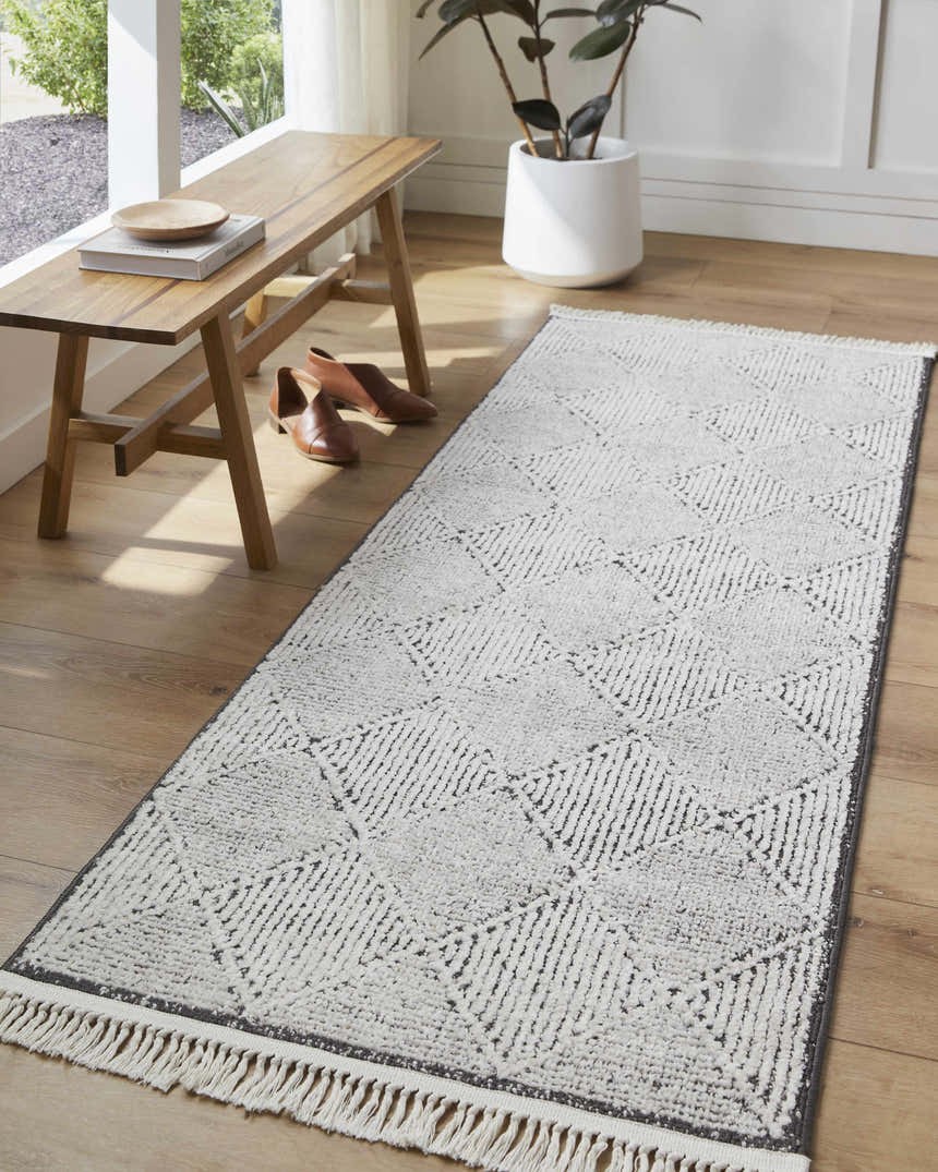 Entryway scene with a Cannan Area Rug. Ivory runner with black geometric pattern and fringe. Bench, shoes, and plant complete the look. Roomscene-Runner