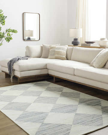 Living room scene with a light gray sectional sofa and the Andrin Light Gray Area Rug with a checkered pattern. Roomscene-Rectangle