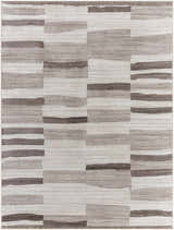Close-up of the Ananya Area Rug. Contemporary design with ivory, light brown, and gray horizontal stripes. Design-Rectangle-537