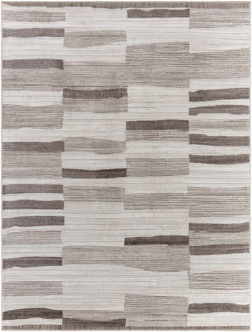 Close-up of the Ananya Area Rug. Contemporary design with ivory, light brown, and gray horizontal stripes. Design-Rectangle-537