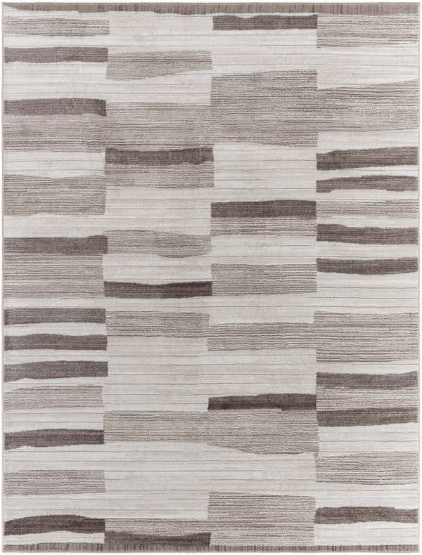 Close-up of the Ananya Area Rug. Contemporary design with ivory, light brown, and gray horizontal stripes. Design-Rectangle-537