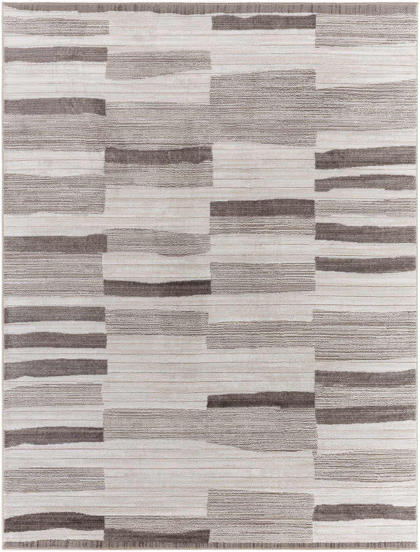 Close-up of the Ananya Area Rug. Contemporary design with ivory, light brown, and gray horizontal stripes. Design-Rectangle-537