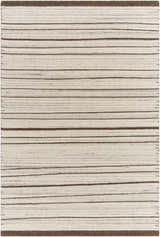 Close-up of the Cliona Area Rug. Hand-tufted wool rug with charcoal, taupe, and ivory horizontal stripes. Design-Rectangle-576