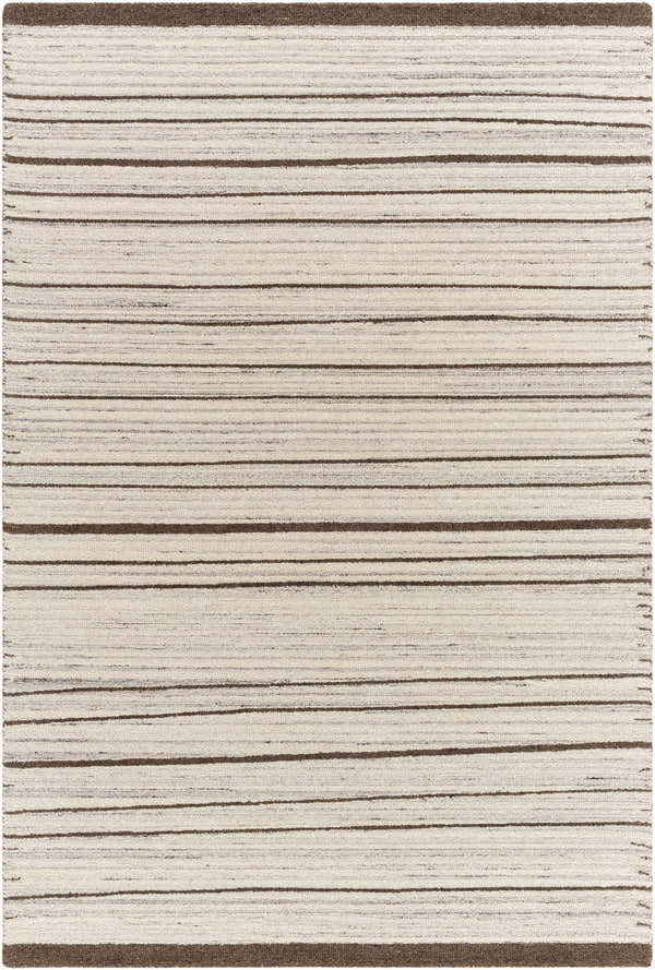 Close-up of the Cliona Area Rug. Hand-tufted wool rug with charcoal, taupe, and ivory horizontal stripes. Design-Rectangle-576