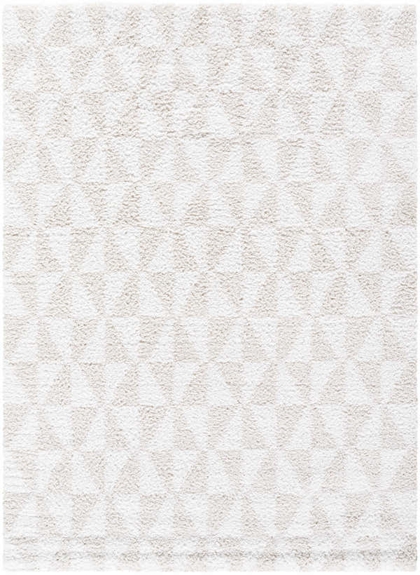 Close-up of the Ceylan Area Rug; a shag rug in medium gray and white with a subtle geometric pattern. Design-Rectangle-537