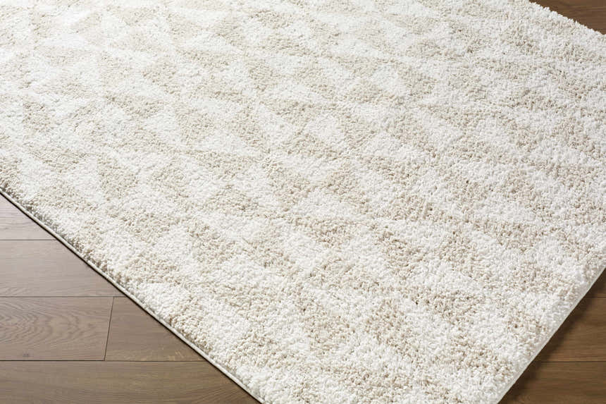 Close up of the Ceylan Area Rug, a shag rug in medium gray and white with a subtle geometric pattern. Corner