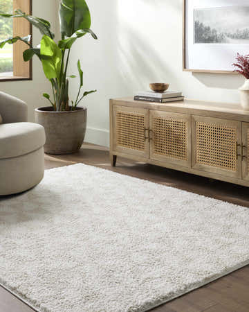 Living room scene with a soft, white Ceylan Area Rug, beige armchair, and wooden console table. Sunny, cozy mood. Roomscene-Rectangle