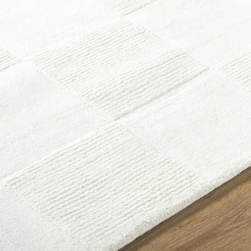 Close-up of the light silver Canice Area Rug, a hand-loomed wool rug with a subtle geometric pattern. Texture