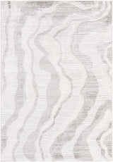 Close-up of Aniela Area Rug with a contemporary wave pattern in cream, ivory, light and medium gray, and white. Design-Rectangle-537