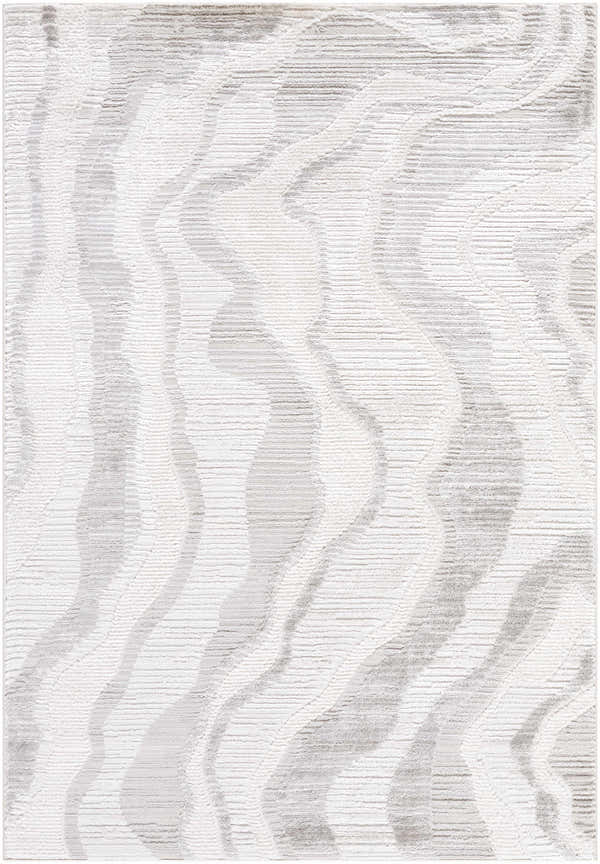 Close-up of Aniela Area Rug with a contemporary wave pattern in cream, ivory, light and medium gray, and white. Design-Rectangle-537