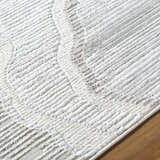 Close up of the Aniela Area Rug, showing cream, ivory, and gray textured geometric pattern. Texture