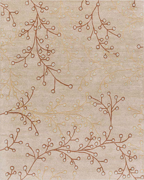 Close-up of the Elsu Beige&Gray Wool Rug featuring a delicate brown and tan floral branch pattern. Design-Rectangle-237