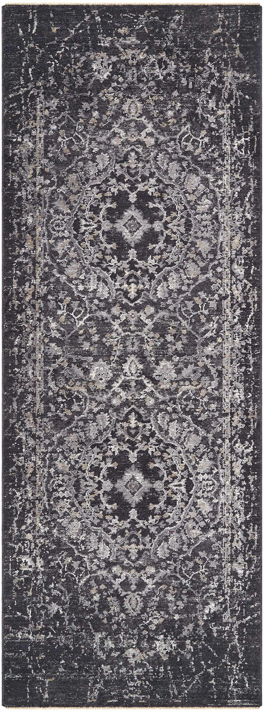 Close-up of the Corina Black Area Rug featuring a traditional black, gray, and ivory distressed pattern. Design-Runner-2773
