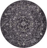 Close-up of round Corina Black Area Rug. Farmhouse style rug in black, charcoal, gray, and ivory with a traditional pattern. Design-Round-53