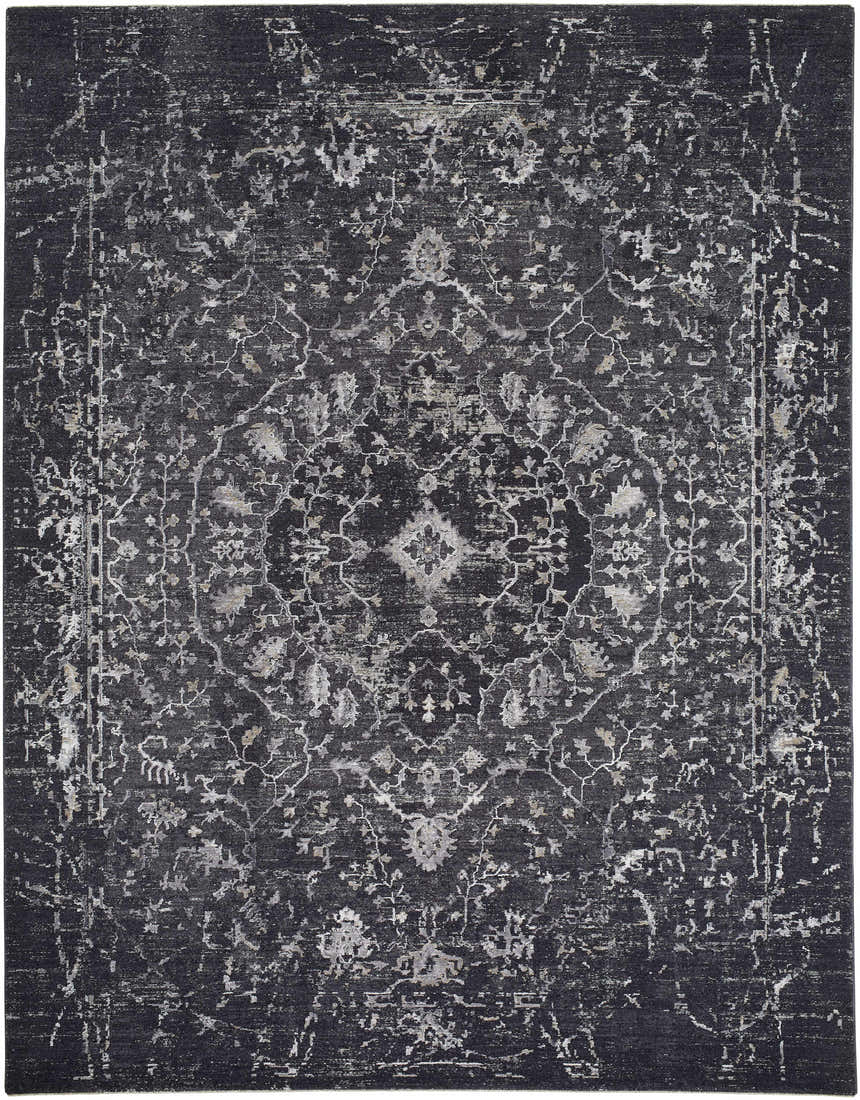 Close-up of the Corina Black Area Rug, featuring a traditional floral pattern in black, charcoal, gray, and ivory. Design-Rectangle-710102