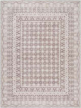 Close-up of the Rainier Light Brown Washable Rug. Farmhouse style rug with cream and light brown traditional patterns. Design-Rectangle-5373