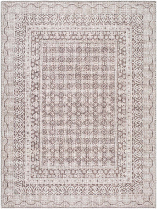Close-up of the Rainier Light Brown Washable Rug. Farmhouse style rug with cream and light brown traditional patterns. Design-Rectangle-5373