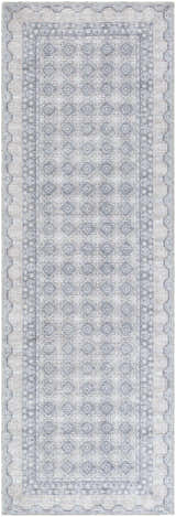 Close-up of the Rainier Gray Washable Rug. Farmhouse style runner rug with off-white, pale blue, and sage geometric pattern. Design-Runner-27710