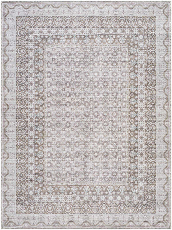 Close-up of the Rainier Brown Washable Rug with a traditional, geometric pattern in brown, gray, and sage hues. Design-Rectangle-5373