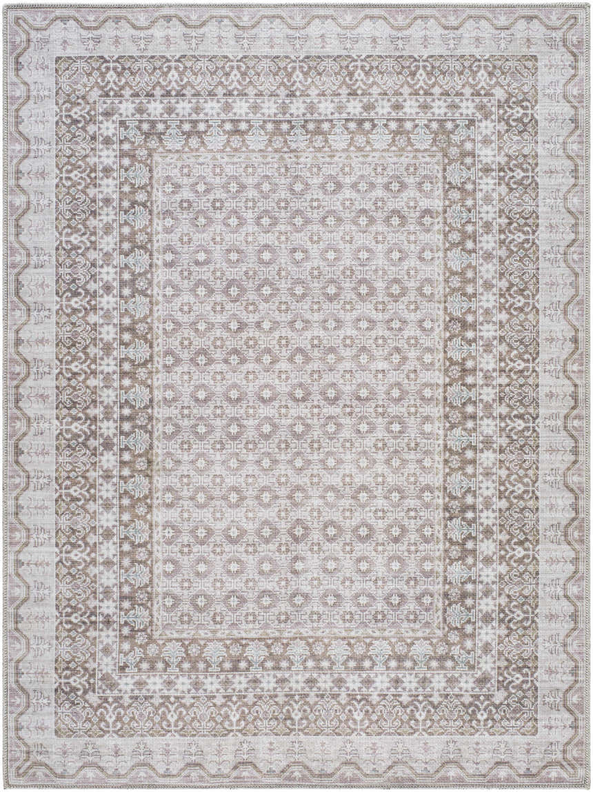 Close-up of the Rainier Brown Washable Rug with a traditional, geometric pattern in brown, gray, and sage hues. Design-Rectangle-5373