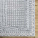 Close-up of Rainier Blue Washable Rug showing farmhouse style, pale blue, green, and white traditional pattern. Swatch