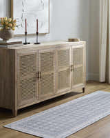 Entryway with wood cabinet, Rainier Blue Washable Rug runner, neutral walls, and wood floors. Farmhouse style. Roomscene-Runner