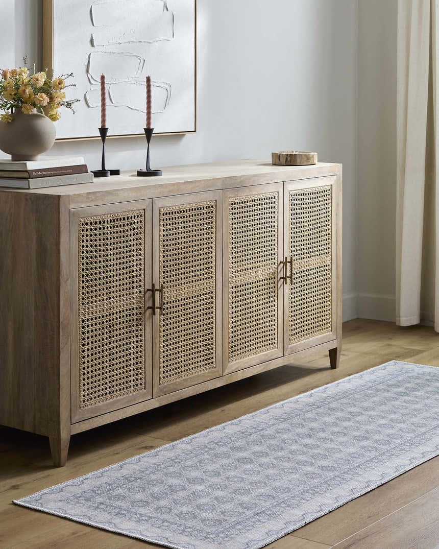 Entryway with wood cabinet, Rainier Blue Washable Rug runner, neutral walls, and wood floors. Farmhouse style. Roomscene-Runner