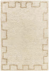 Close-up of the Ciniod Area Rug. Hand-tufted, 100% wool rug in pearl and tan with a geometric border pattern. Design-Rectangle-576