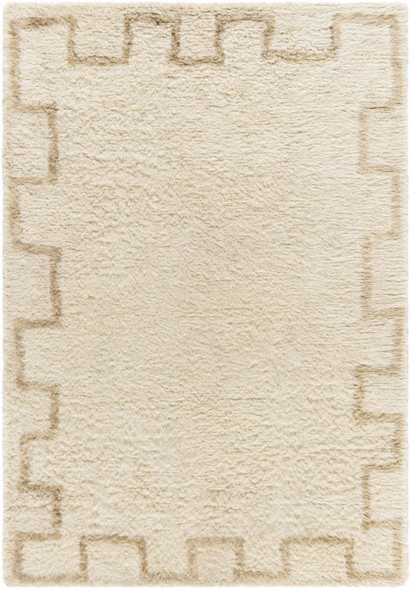 Close-up of the Ciniod Area Rug. Hand-tufted, 100% wool rug in pearl and tan with a geometric border pattern. Design-Rectangle-576