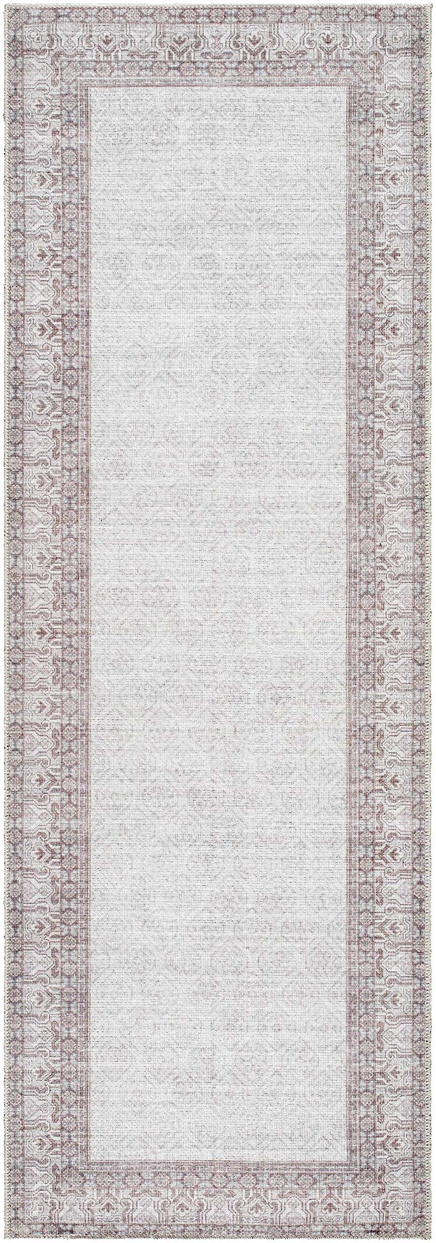 Close-up of Rainier Cottage Border Brown Washable Rug. Cream rug with dark red and slate blue traditional border pattern. Design-Runner-27710