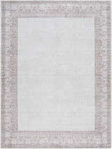 Rainier Cottage Border Brown Washable Rug close-up. Cream rug with dark red and blue traditional border pattern. Design-Rectangle-5373