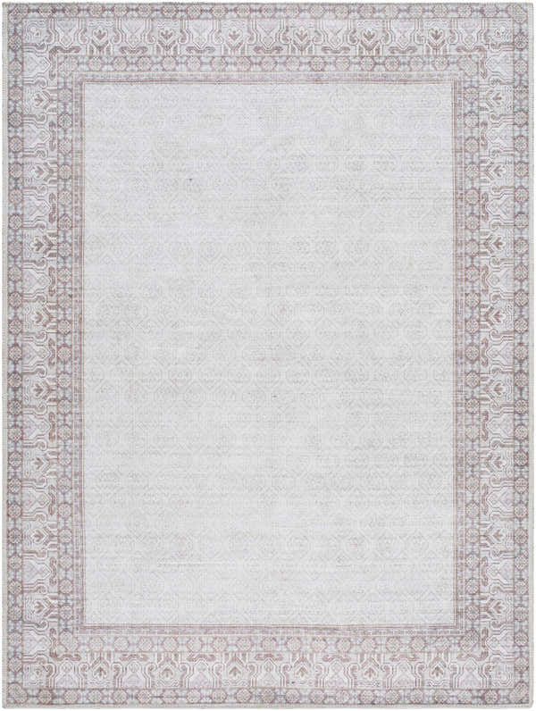 Rainier Cottage Border Brown Washable Rug close-up. Cream rug with dark red and blue traditional border pattern. Design-Rectangle-5373