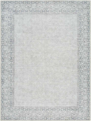 Close-up of Rainier Cottage Border Gray Washable Rug. Farmhouse style with blue and gray border, geometric pattern. Design-Rectangle-5373
