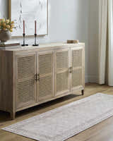 Entryway with a beige Rainier Cottage Border Washable Rug, light wood floors, and a matching cabinet. Roomscene-Runner