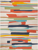 Close-up of the New Southfields Area Rug. Abstract design with aqua, charcoal, gray, mustard, orange, and peach hues. Design-Rectangle