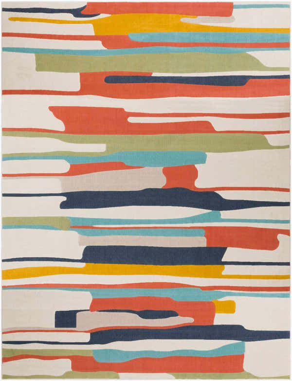Close-up of the New Southfields Area Rug. Abstract design with aqua, charcoal, gray, mustard, orange, and peach hues. Design-Rectangle