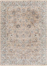 Close-up of the Civankan Area Rug. Machine-woven polyester rug in brick red, denim, and ivory with a traditional oriental pattern. Design-Rectangle-537