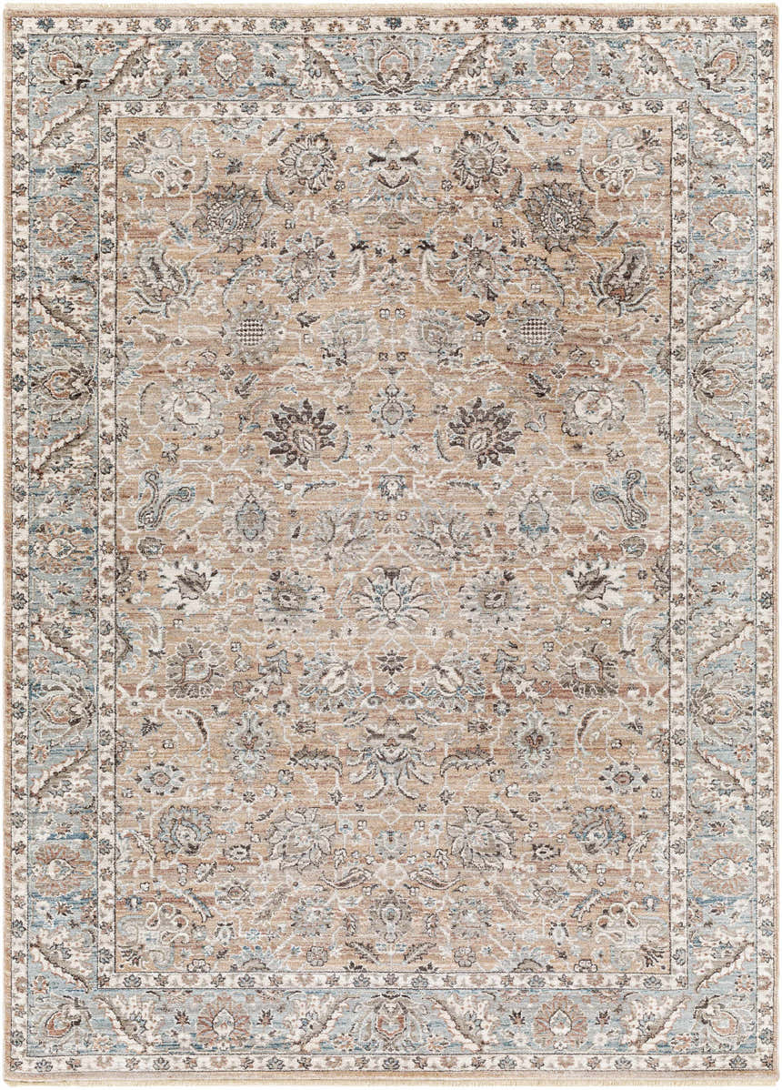 Close-up of the Civankan Area Rug. Machine-woven polyester rug in brick red, denim, and ivory with a traditional oriental pattern. Design-Rectangle-537