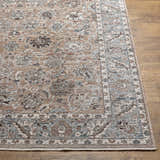 Close up of the Civankan Area Rug. Traditional floral pattern in brick red, denim, and brown on wood floor. Front
