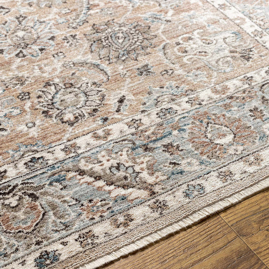 Close-up of the Civankan Area Rug showcasing its traditional oriental pattern in brick red, denim, and ivory tones. Texture
