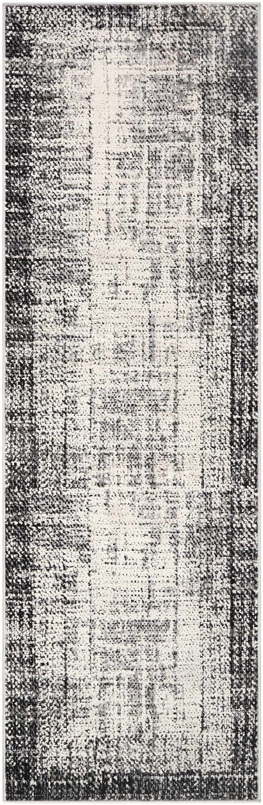 Close-up of the Colson Gray Area Rug, showcasing its light silver, onyx, and silver gray abstract pattern. Design-Runner