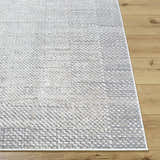 Close up of Colson Sage Area Rug showing ash, pale pink, sage, and silver gray textured design. Front