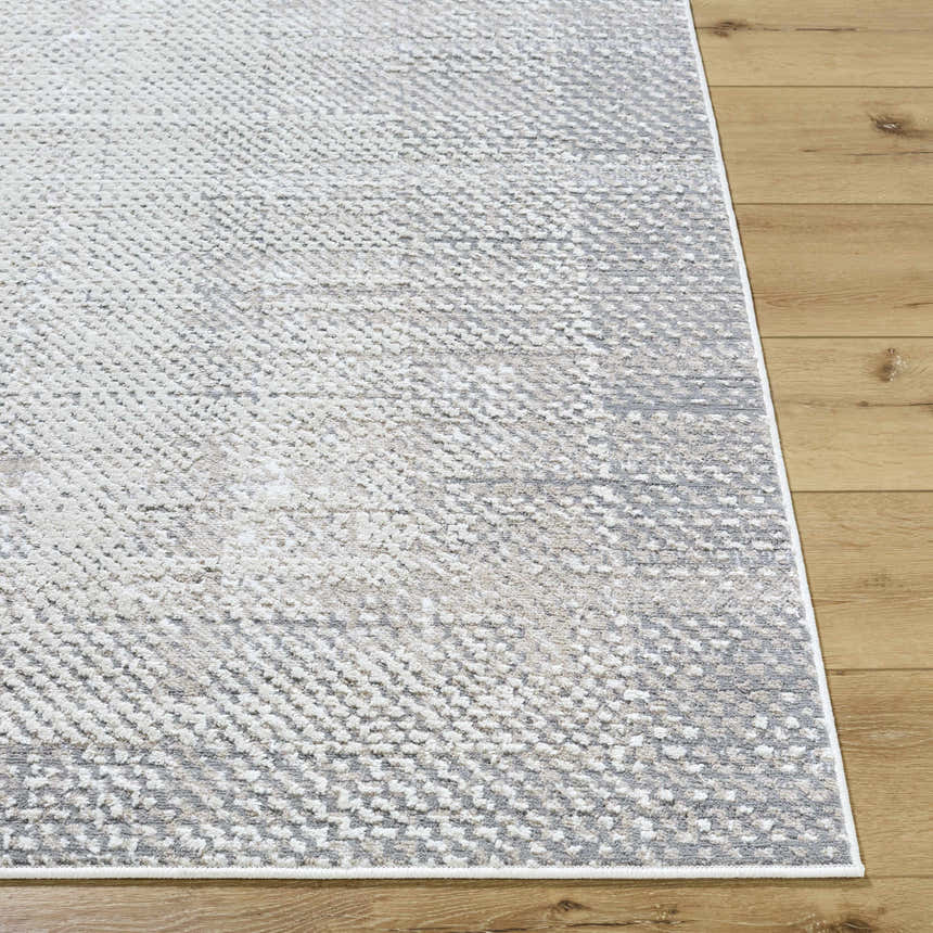 Close up of Colson Sage Area Rug showing ash, pale pink, sage, and silver gray textured design. Front