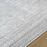 Close-up of Colson Sage Area Rug showing its ash, pale pink, and silver gray contemporary design. Texture